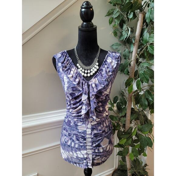 New York & Company Blouse Women's Size Large Purple White 100% Polyester - Picture 1 of 11